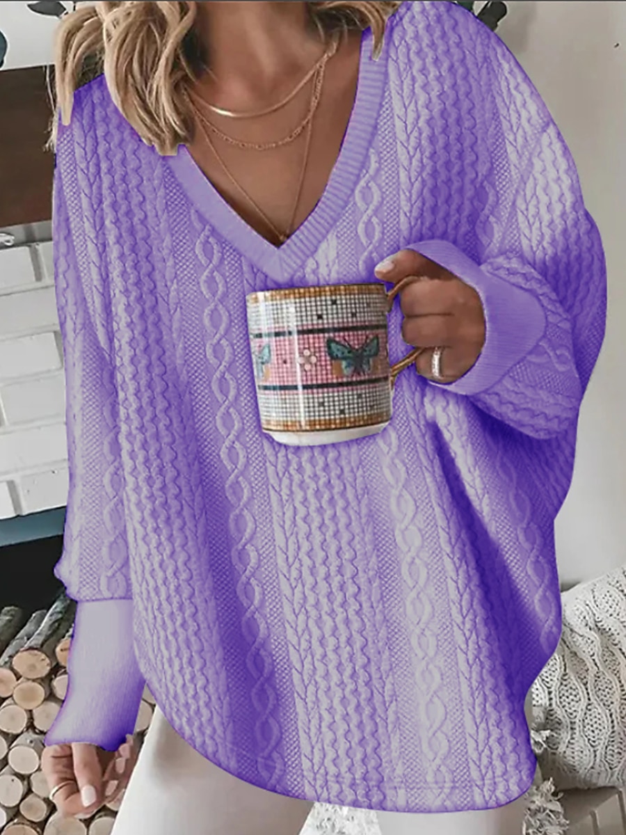 V Neck Ribbed Knit Pullover Oversized Solid Color Long Sleeve