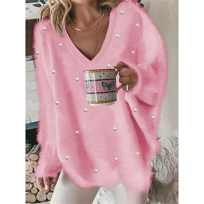 V-Neck Ribbed Knit Oversized Sweater White & Pink Everyday Style