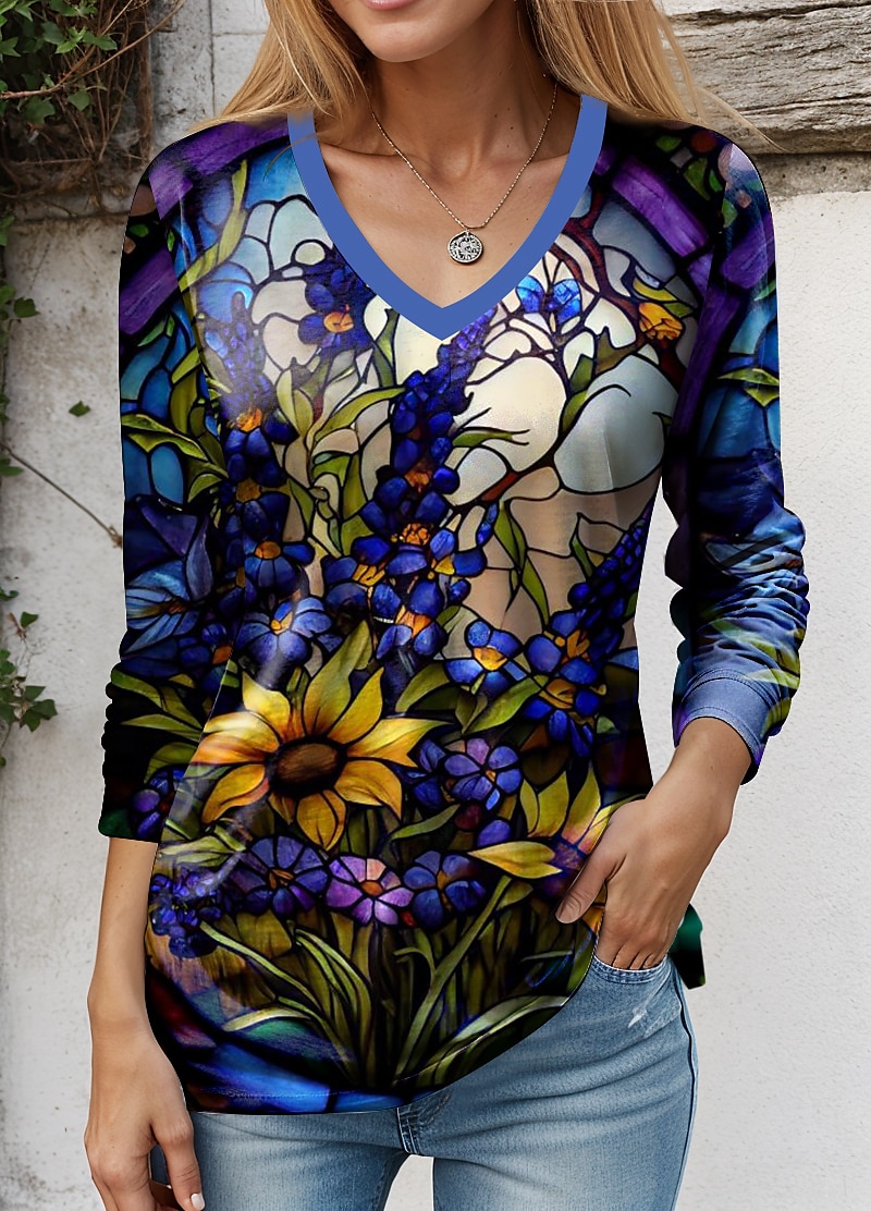 Floral Print Fashion V Neck Tee