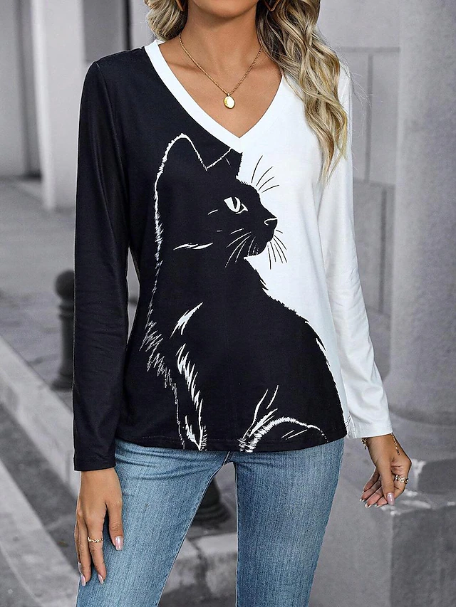 Cat Print Basic Short Sleeve Tee