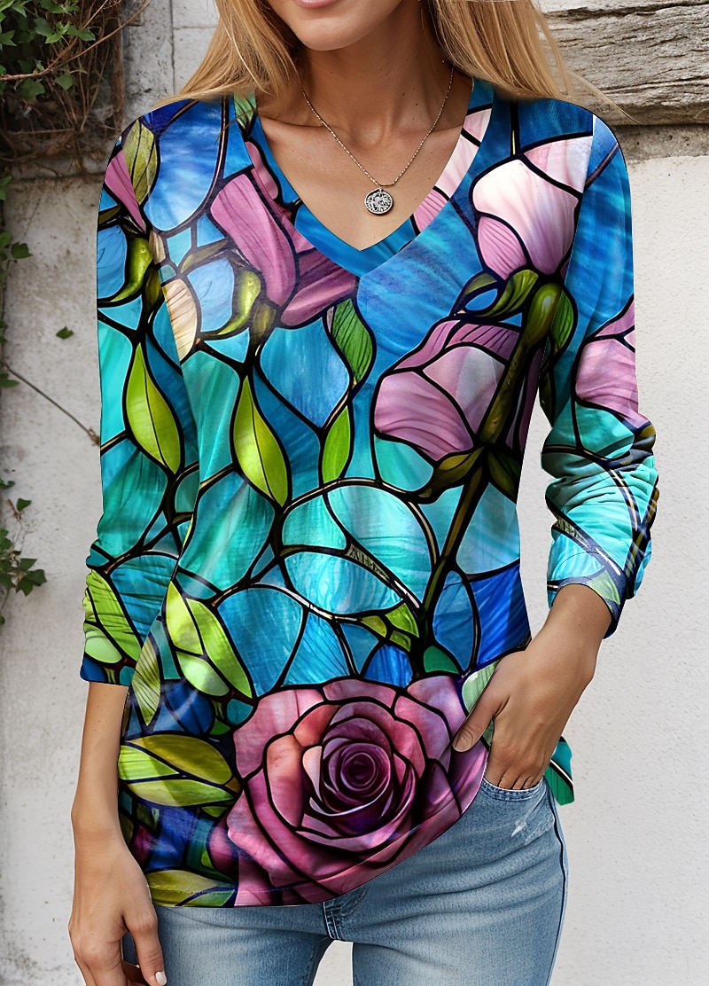 Floral Print Fashion V Neck Tee