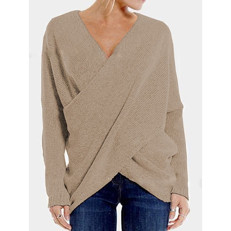 V-Neck Criss Cross Knit Sweater Khaki & Gray Ribbed Knit Blend